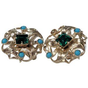 Vintage Costume Jewelry Screw-back Earrings Unsigned Goldtone Green Blue